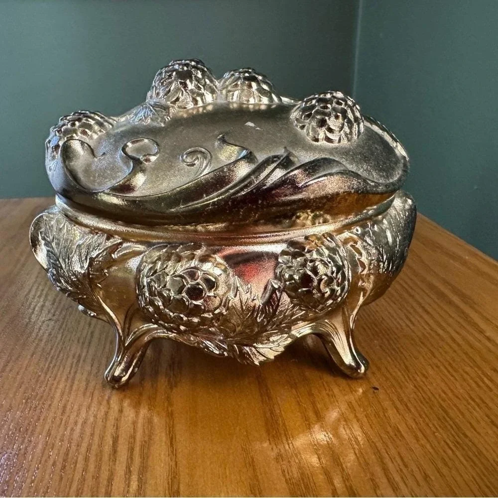 Antique Jewelry Casket Gilded Pine Cone Marked 96 Silver Color Art Nouveau